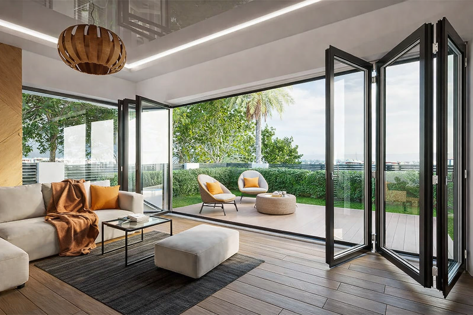 Moderne Aluminium Balkon-Falttür von Fenstermaxx24, vollständig geöffnet, verbindet Wohnraum mit Terrasse und sorgt für maximale Öffnungsbreite und viel Tageslicht