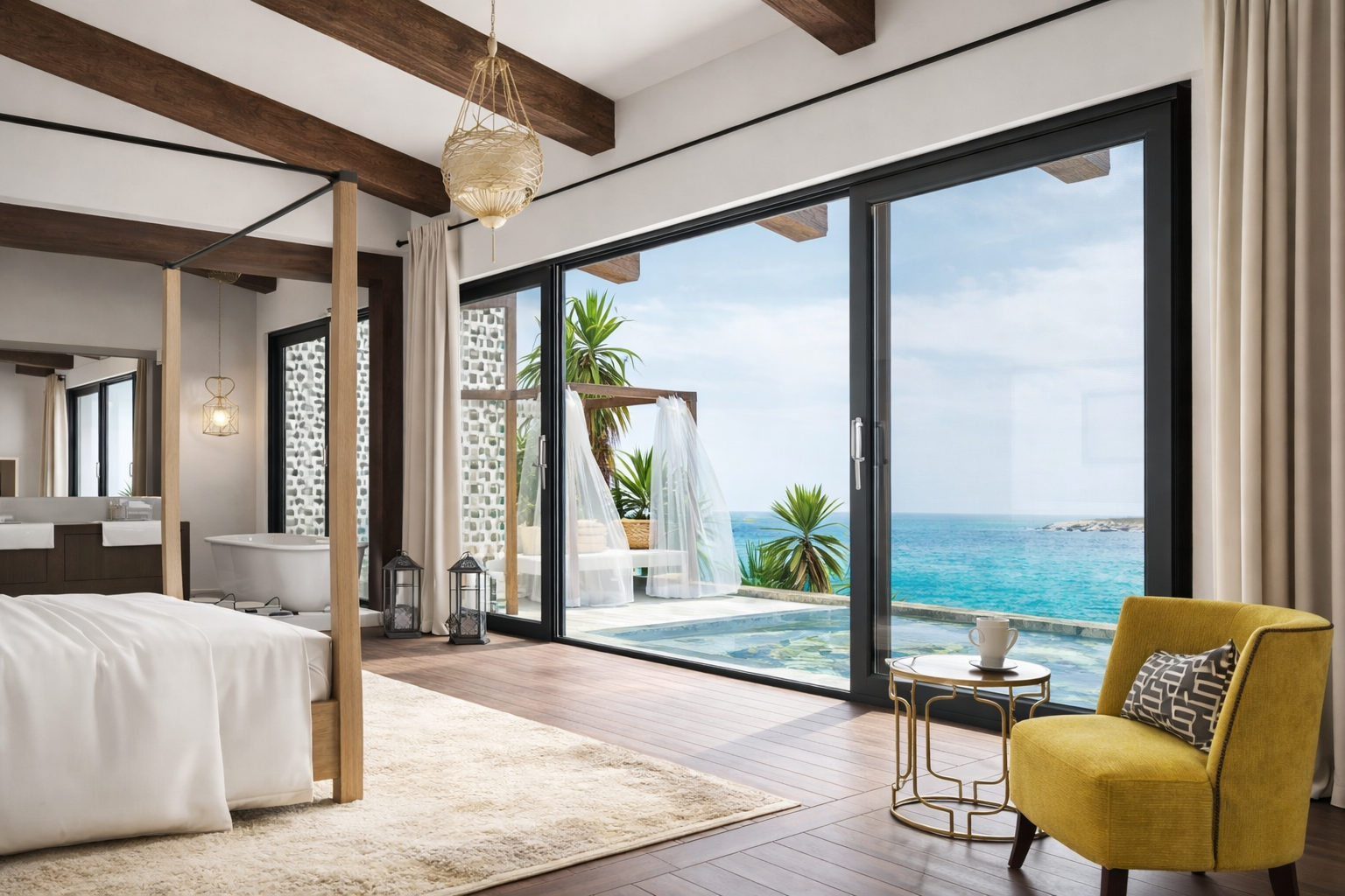 Moderne Aluminium Balkon-Schiebetüren mit großer Glasfläche und Meerblick – erhältlich im Onlineshop Fenstermaxx24