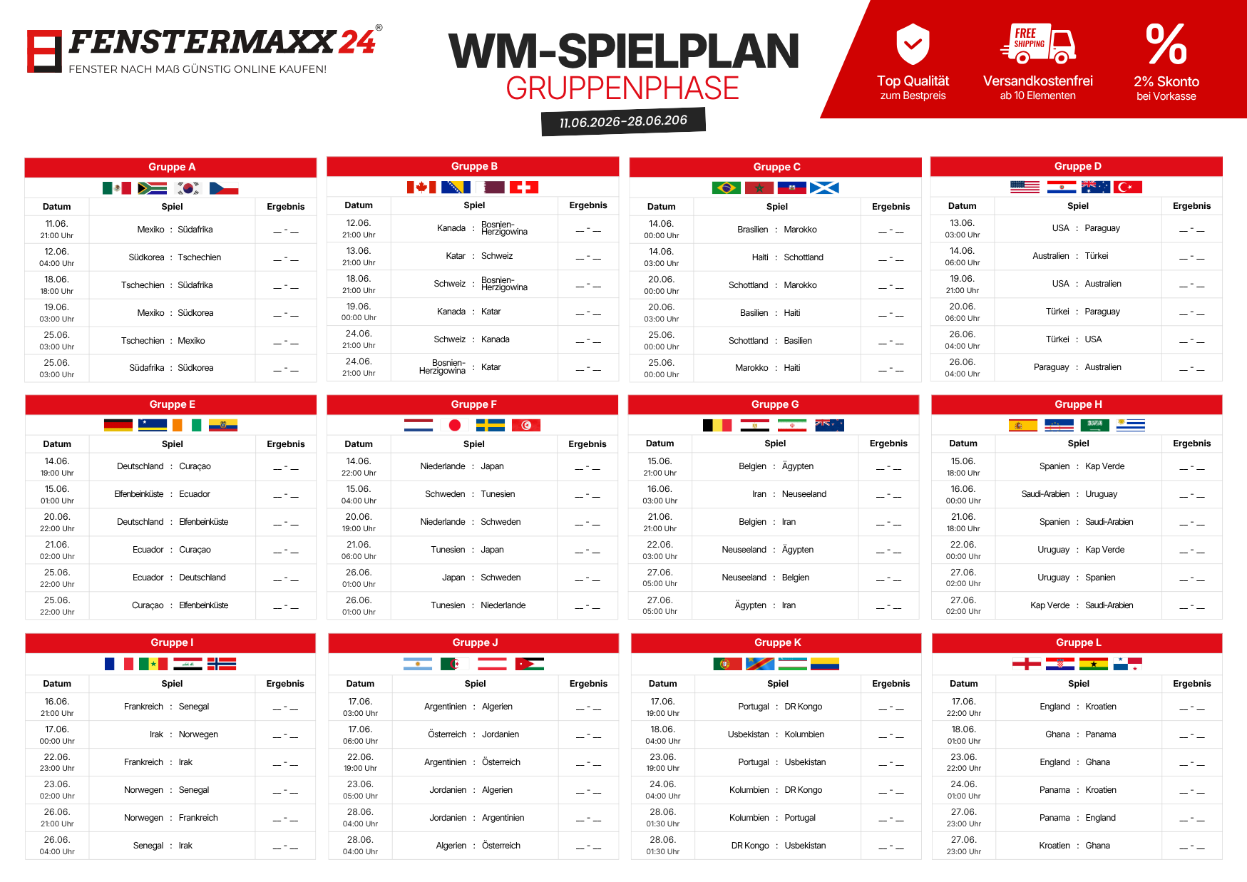 Vorschau WM 2026 Spielplan PDF von Fenstermaxx24