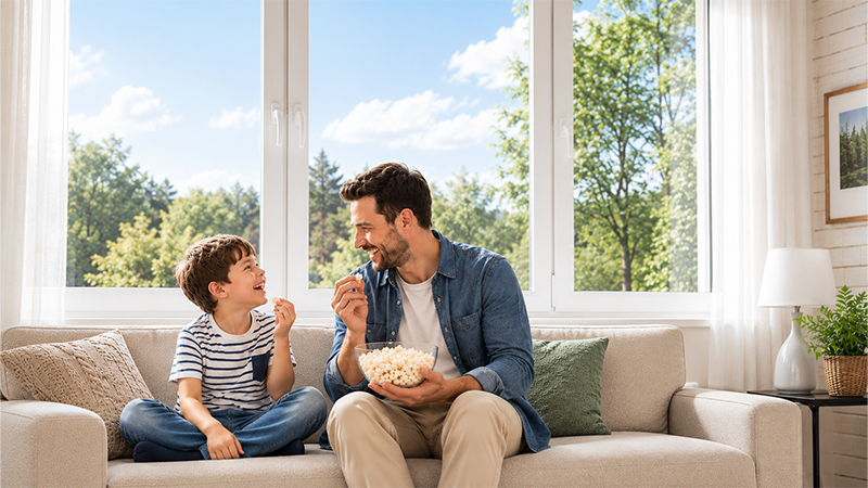 Moderne Familie vor hochwertigen VEKA Kunststofffenstern im lichtdurchfluteten Wohnzimmer
